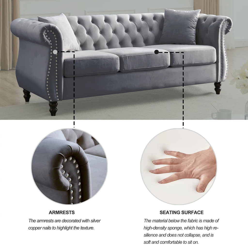 80" 3-Seater Velvet Chesterfield Sofa with 2 Pillows N1527