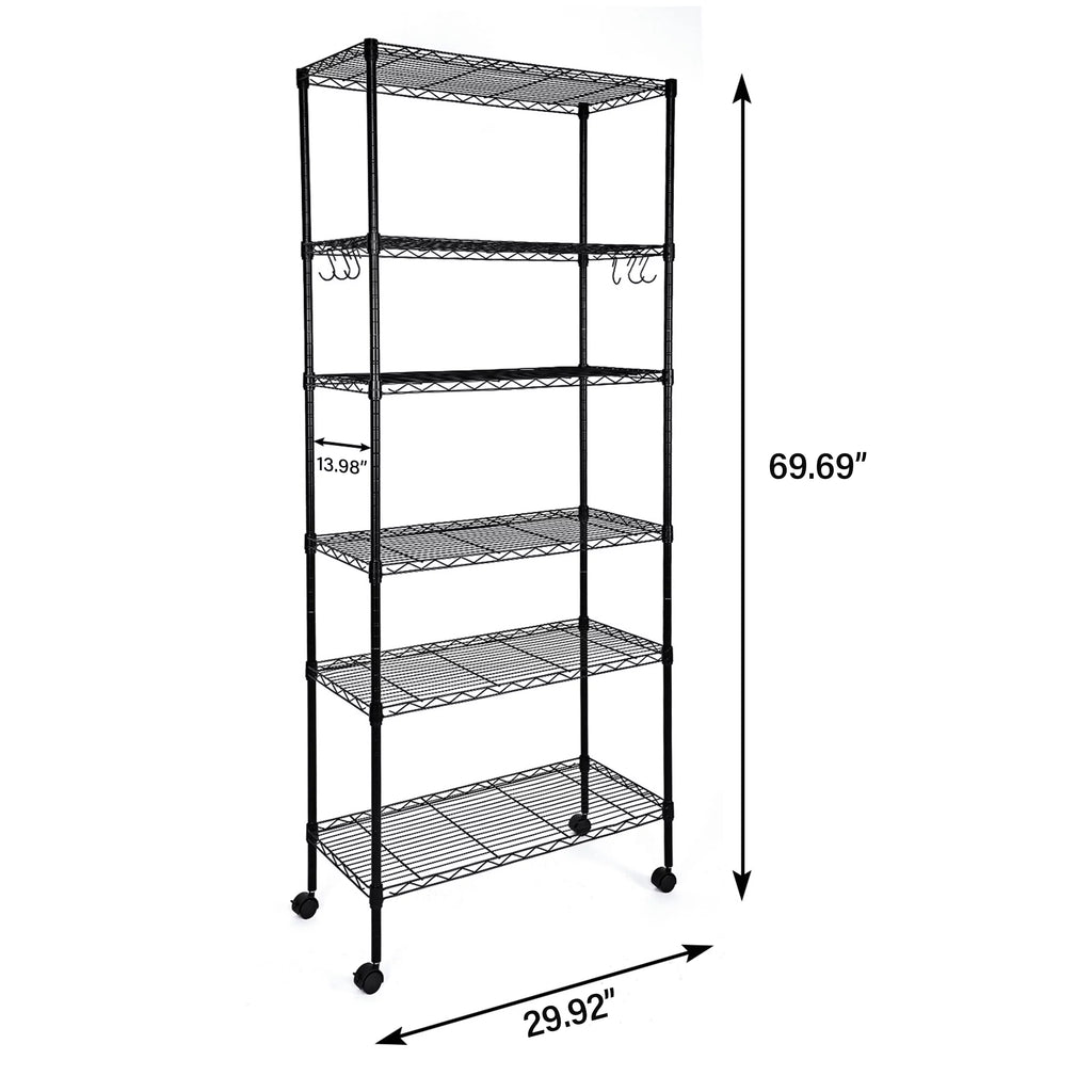 6-Shelf Wire Shelving Unit with Wheels and Hooks W38681