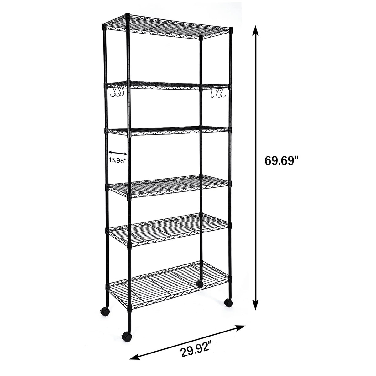 6-Shelf Wire Shelving Unit with Wheels and Hooks W38681