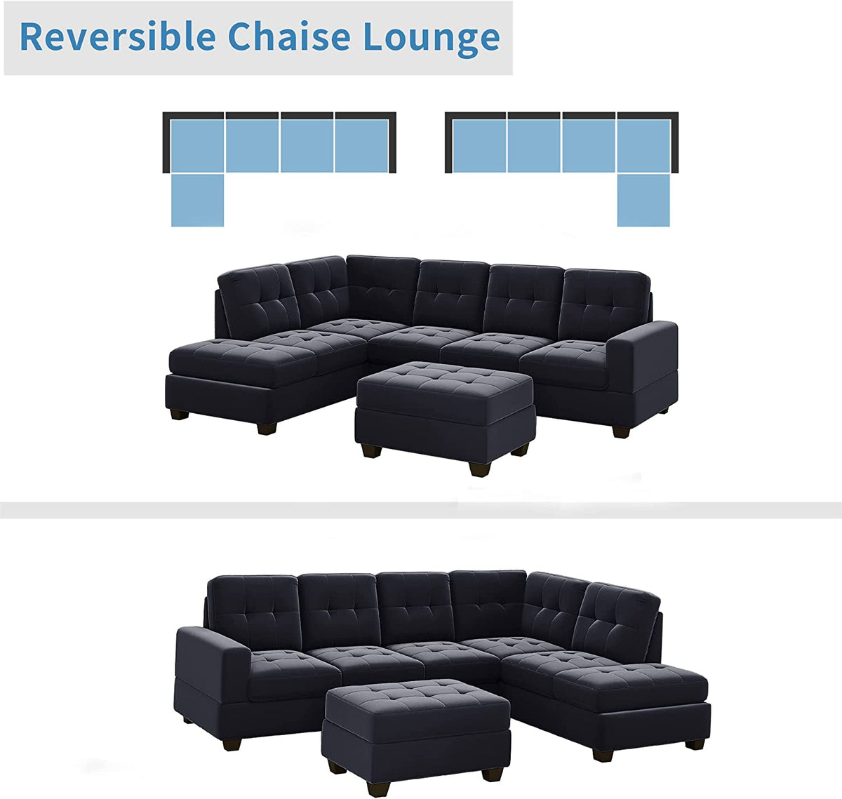 Modern Sectional Sofa with Reversible Chaise, L Shaped Couch Set with Storage Ottoman and Two Cup Holders R6990
