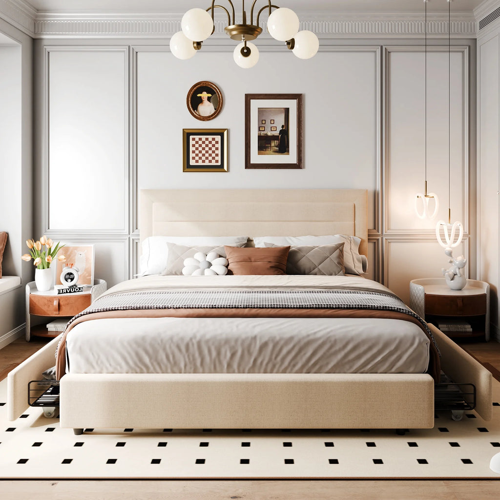 Queen Platform Bed Frame with Wingback Storage Headboard and Velvet Upholstered Headboard Grey V67994