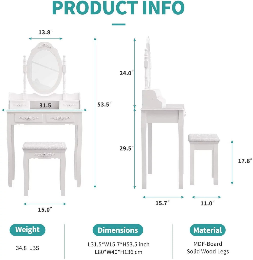 White Vanity Table and Stool Set with 4 Drawers & Mirror I8302