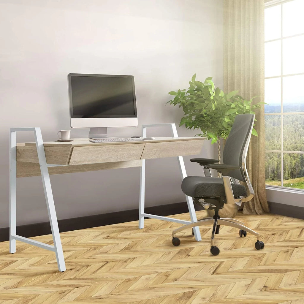 White Wood Computer Desk with Monitor Shelf and Drawers A975530