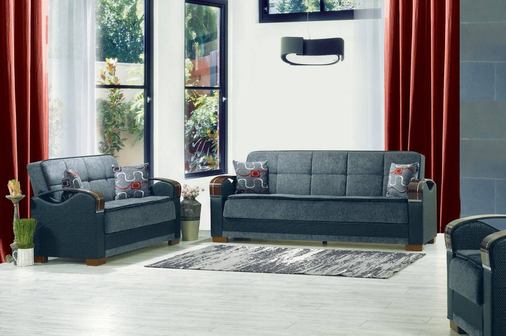 Gray Chenille Fabric Storage Sofa with Wooden Arms T5662