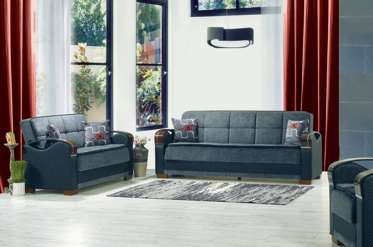 Gray Chenille Fabric Storage Sofa with Wooden Arms T5662