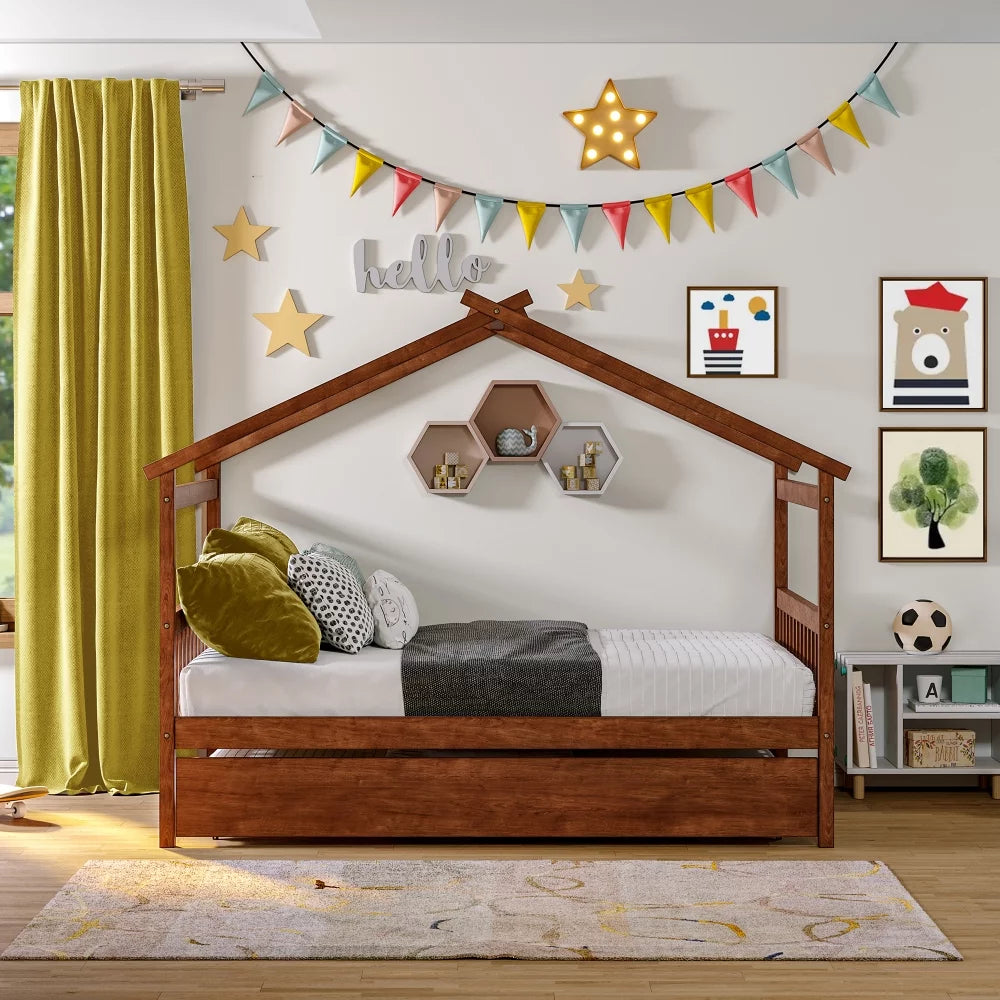 White Twin Size Solid Wood House Bed with Trundle B331