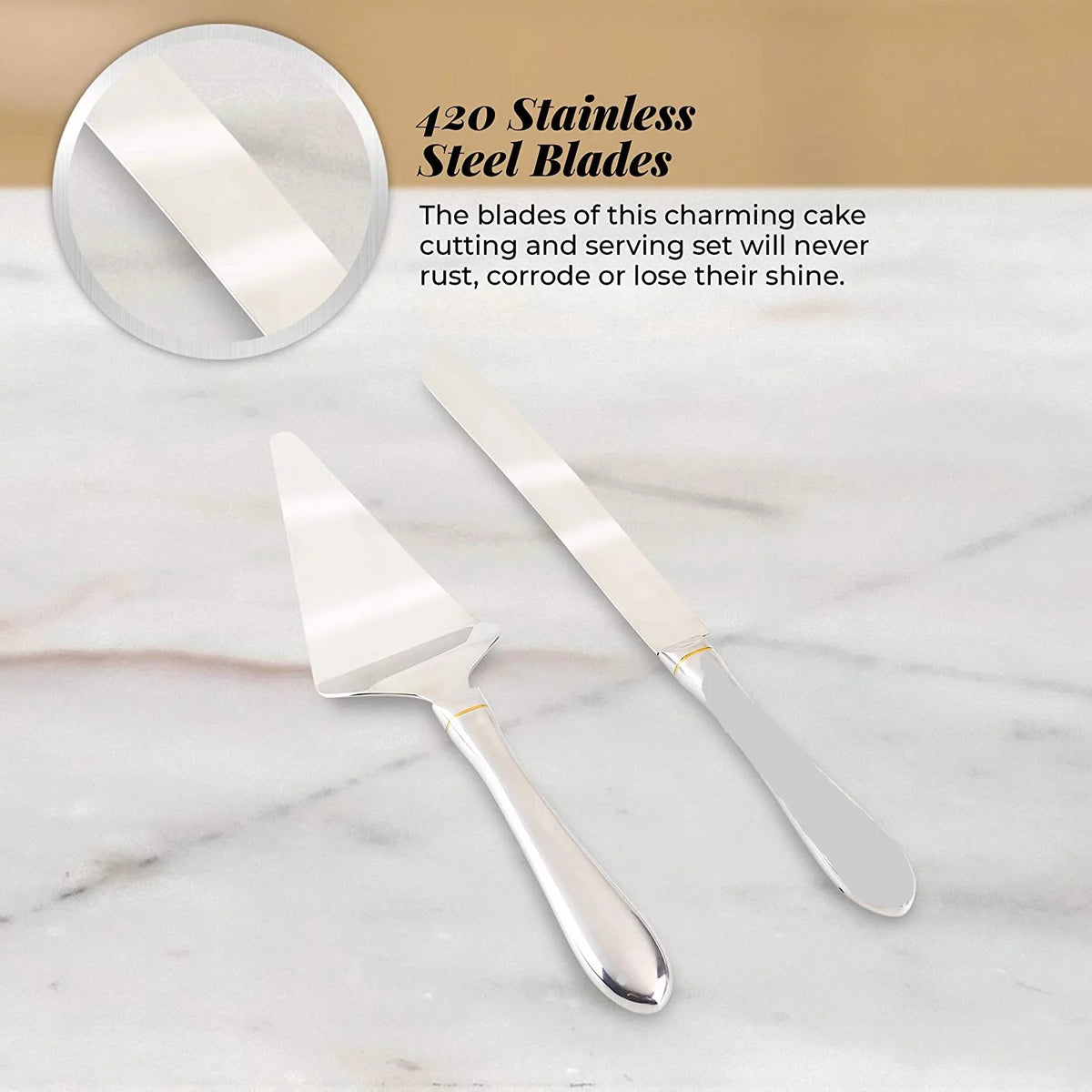 Stainless Steel Cake Knife and Server Set with Serrated Blade Q478085