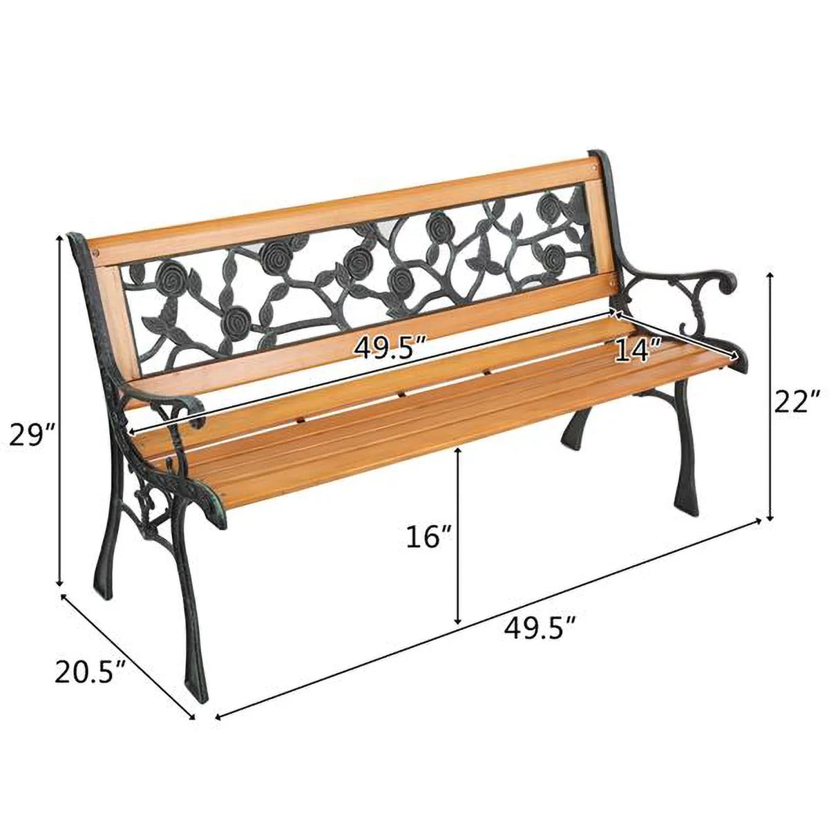 49-Inch Cast Iron Steel Frame Hardwood Garden Bench with Floral Design Backrest N398