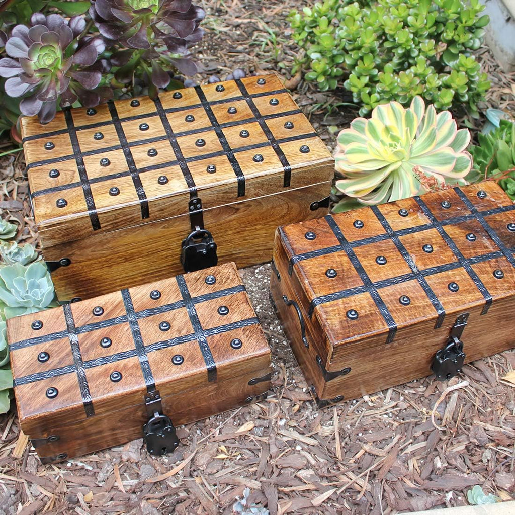 Wooden Storage Box with Iron Lock and Skeleton Key I39766