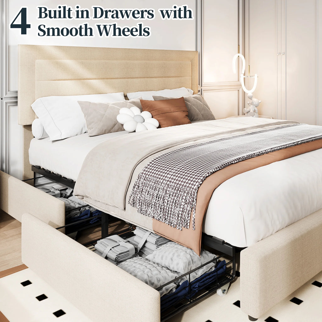 Queen Platform Bed Frame with Wingback Storage Headboard and Velvet Upholstered Headboard Grey V67994