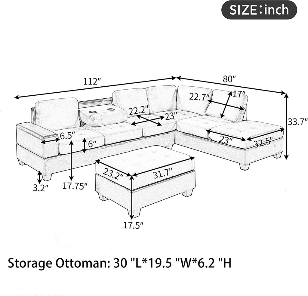 Modern Sectional Sofa with Reversible Chaise, L Shaped Couch Set with Storage Ottoman and Two Cup Holders R6990