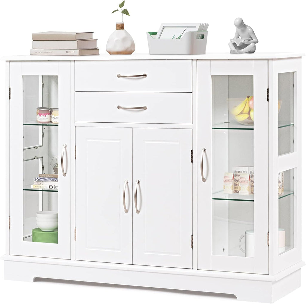 Gray Sideboard Buffet Server Storage Cabinet with 2 Drawers and Glass Doors H684845