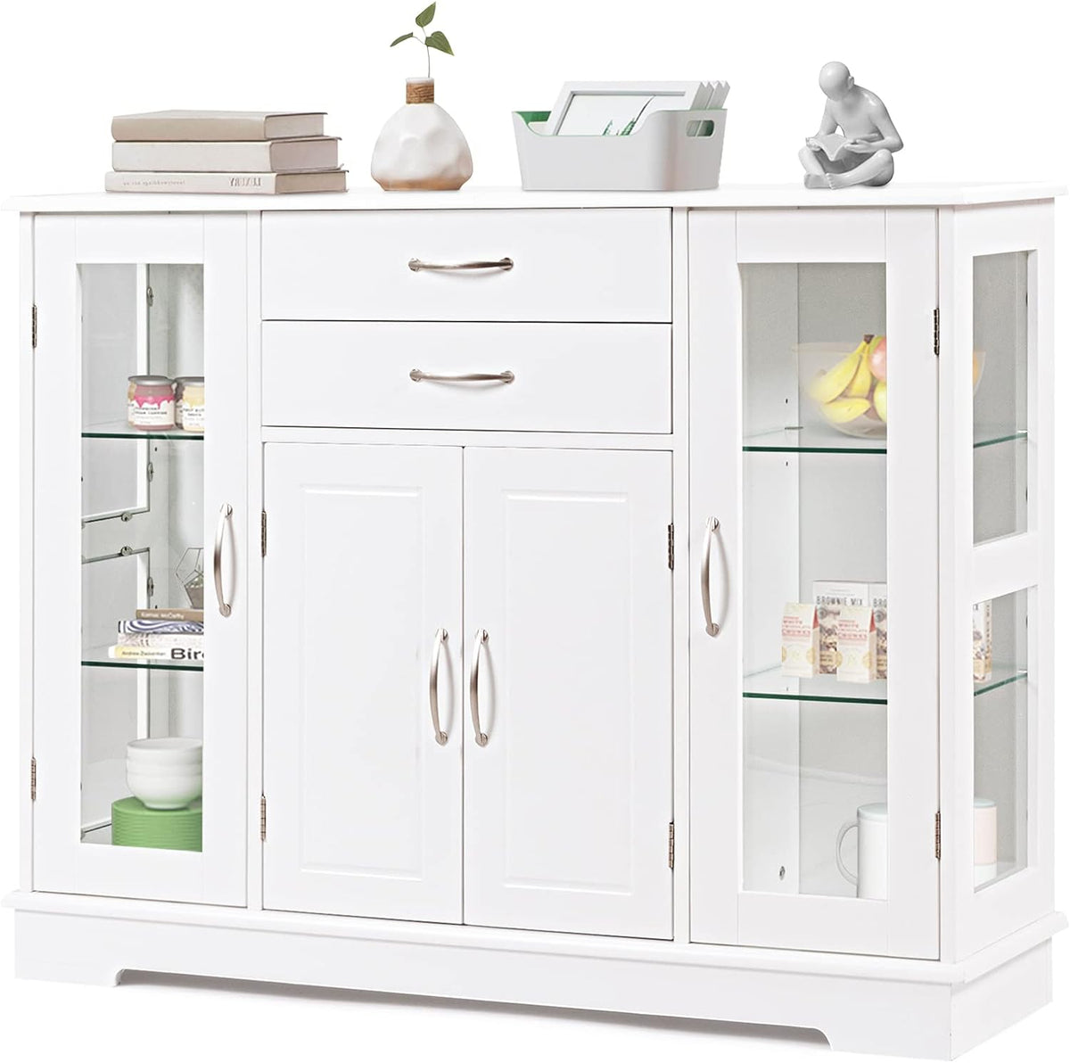 Gray Sideboard Buffet Server Storage Cabinet with 2 Drawers and Glass Doors H684845