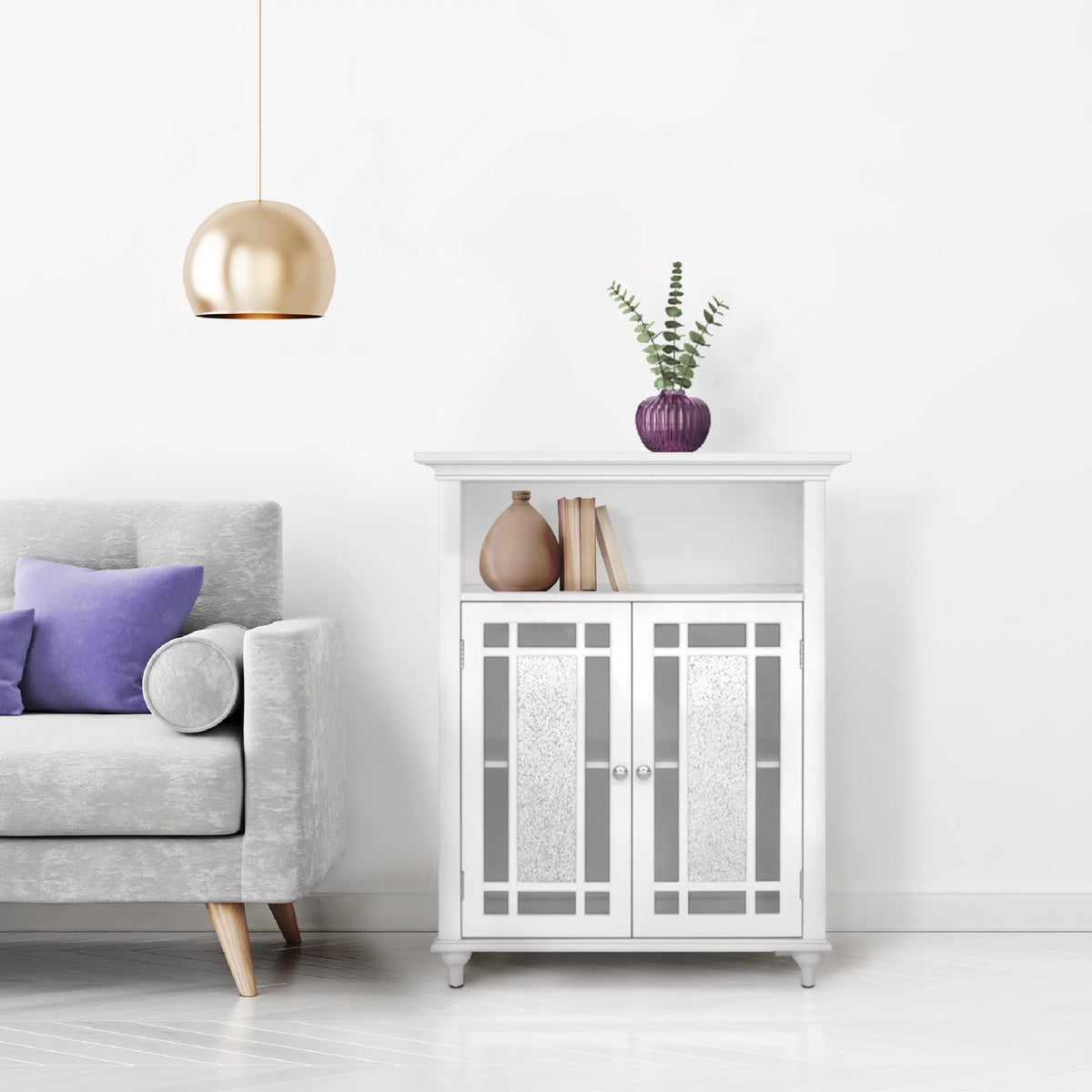 White Wooden Floor Cabinet with Glass Doors Q936
