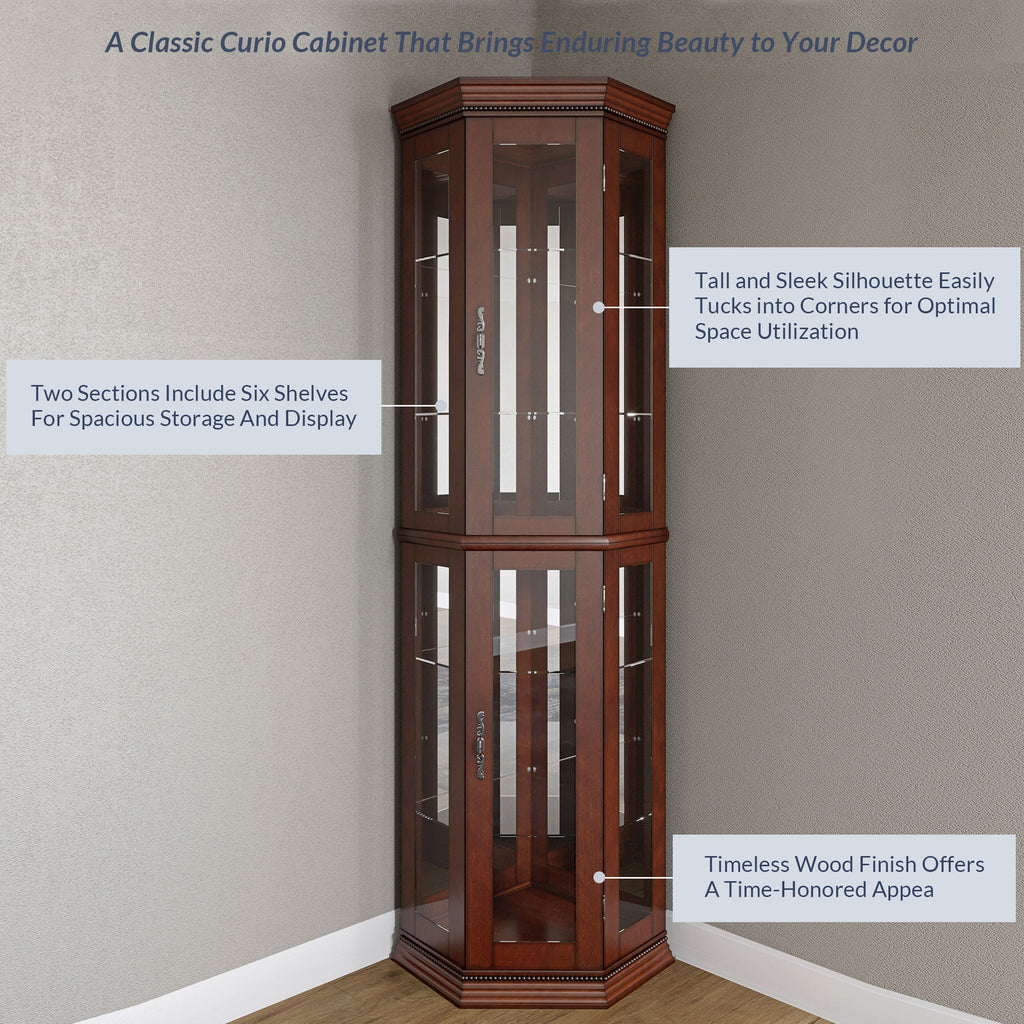 Walnut 5 Sided Lighted Corner Curio Cabinet Q758