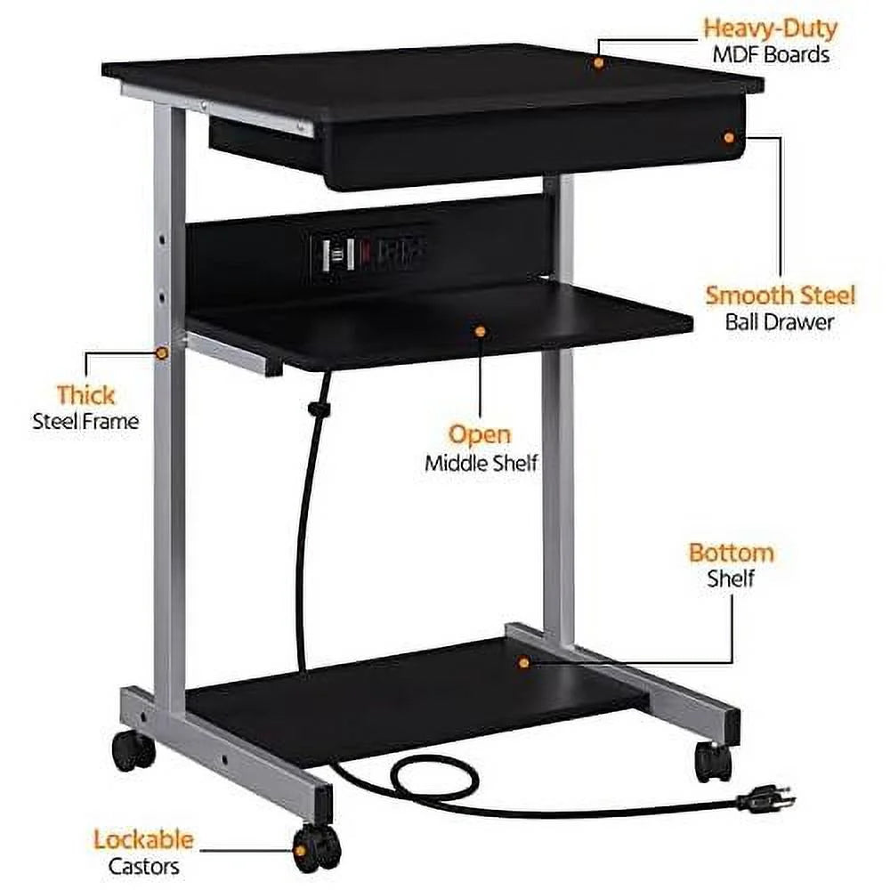 Black Mobile Laptop Desk On Wheels With Power Outlet And USB Ports E707