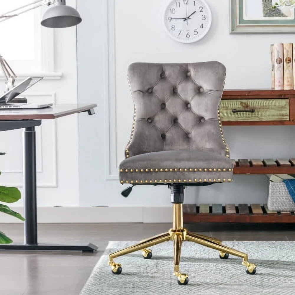 Velvet Upholstered Tufted Button Office Chair with Golden Metal Base A72412