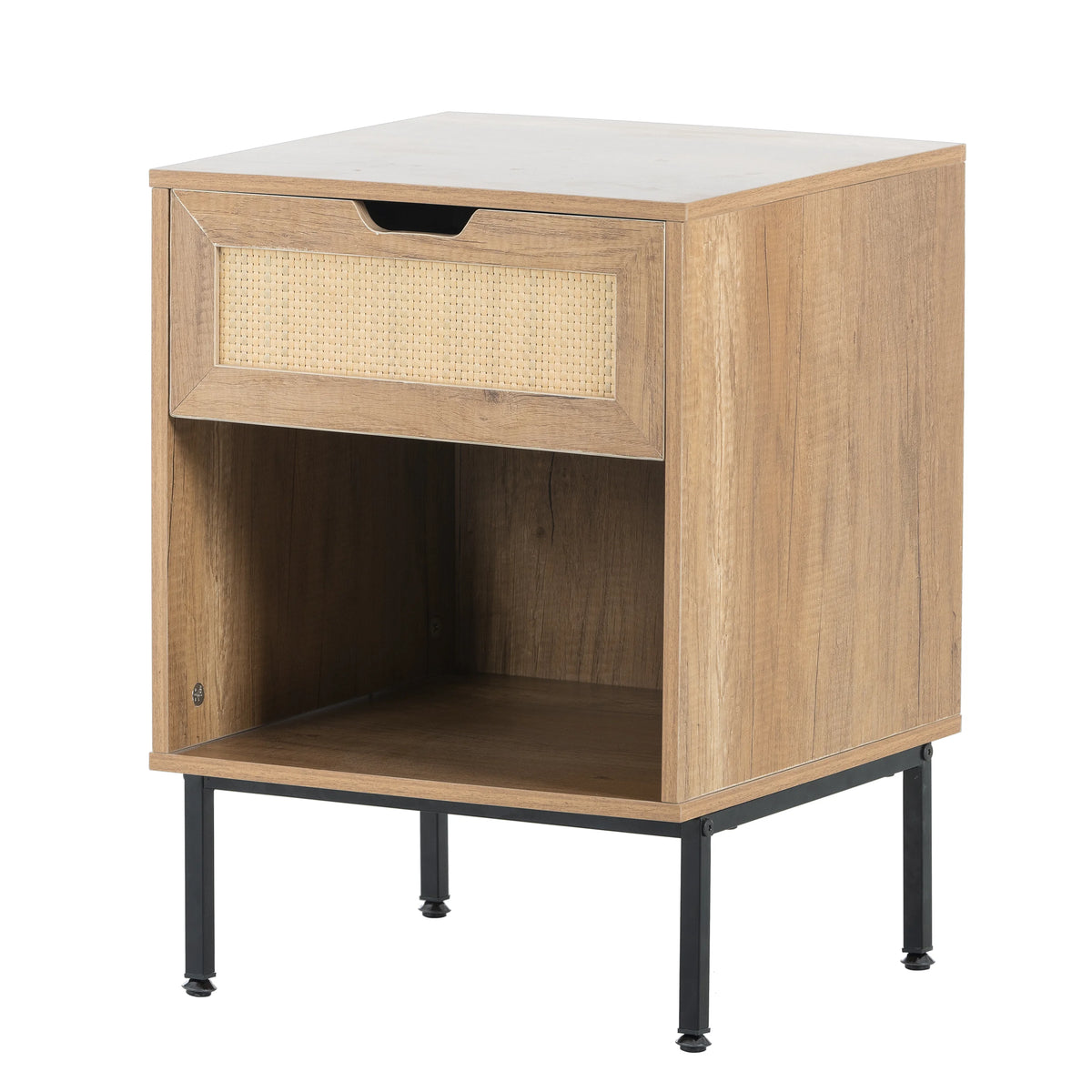 Natural Nightstand with Rattan Door and Open Storage E618117