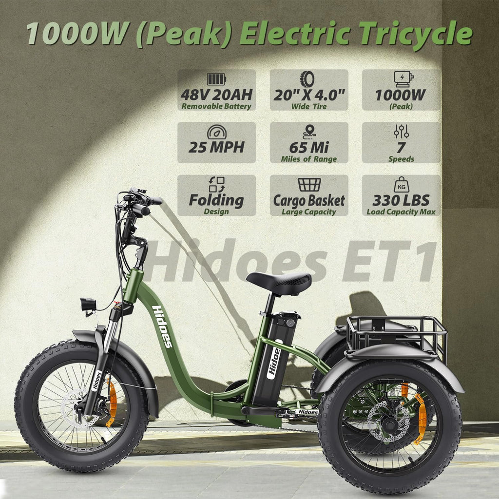 Electric Tricycle, 20"X 4.0" Fat Tire, 48V 20Ah Removable, 7 Speed Folding O526