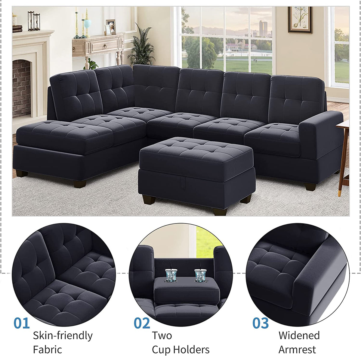 Modern Sectional Sofa with Reversible Chaise, L Shaped Couch Set with Storage Ottoman and Two Cup Holders R6990