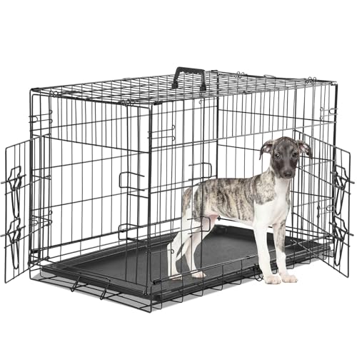 Large 36 Inch Double Door Folding Metal Wire Dog Crate with Divider Panel and Plastic Leak-Proof Pan Tray O34057