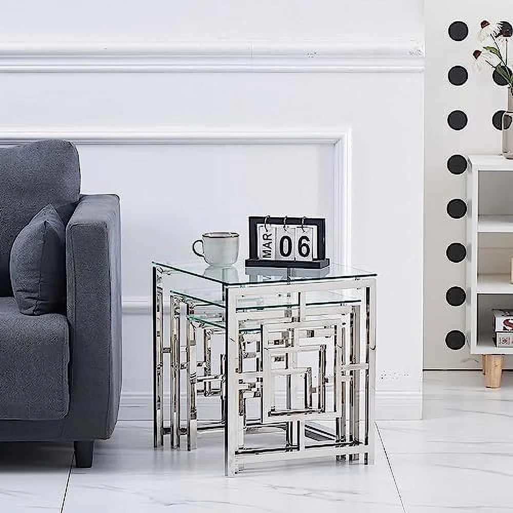 Nesting Table Set of 3 Glass Tempered Glass U8807