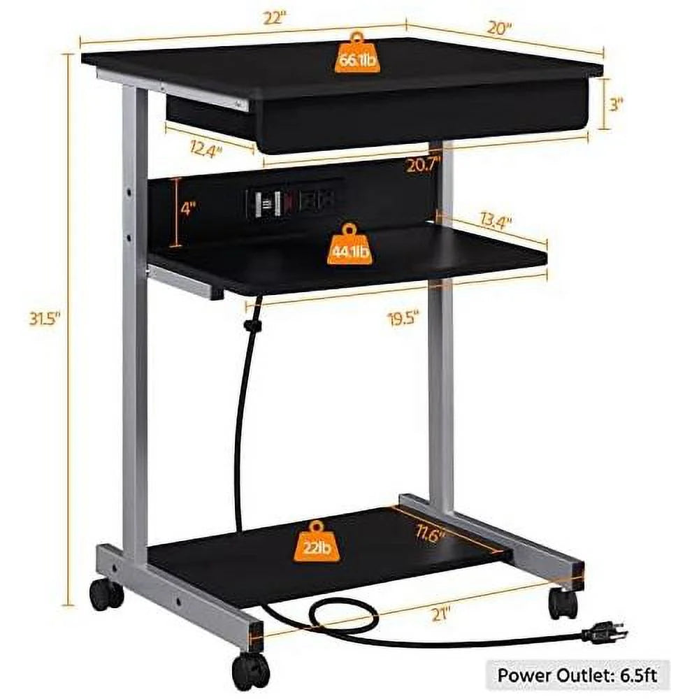 Black Mobile Laptop Desk On Wheels With Power Outlet And USB Ports E707