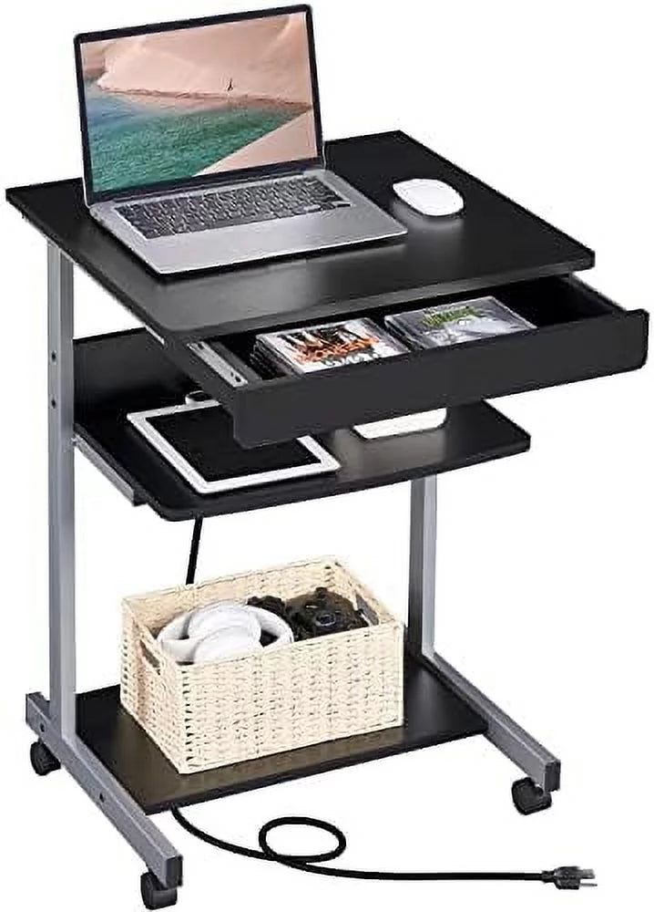 Black Mobile Laptop Desk On Wheels With Power Outlet And USB Ports E707