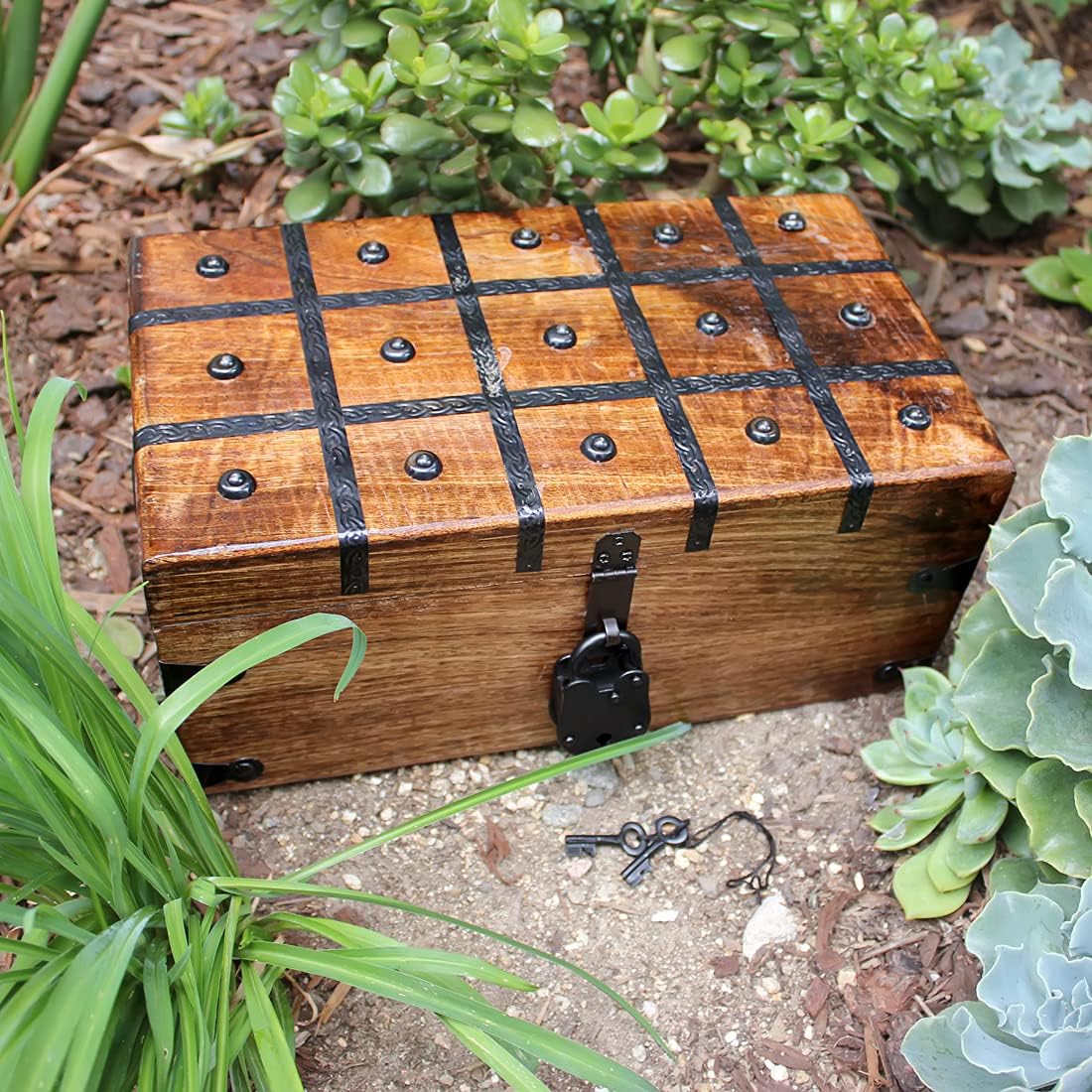 Wooden Storage Box with Iron Lock and Skeleton Key I39766