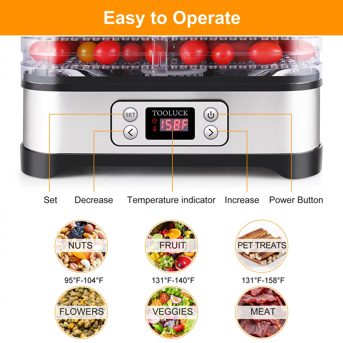 Electric Food Dehydrator, 250W, 5 Drying Trays, Stainless Steel, BPA Free R6204