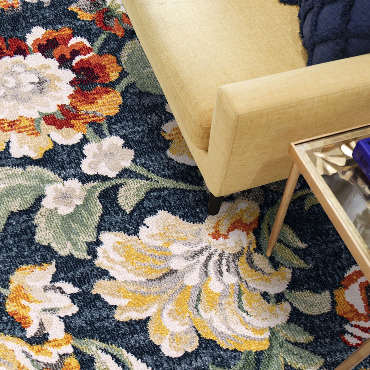 Dark Blue Floral Area Rug O265181