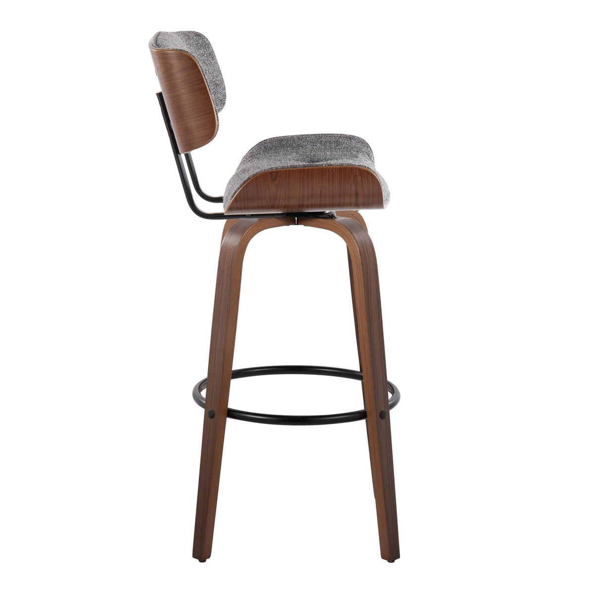 30" Mid-Century Modern Fixed-Height Barstool with Swivel in Walnut Wood and Grey Noise Fabric with Round Black Metal Footrest - Set of 2 Z4245