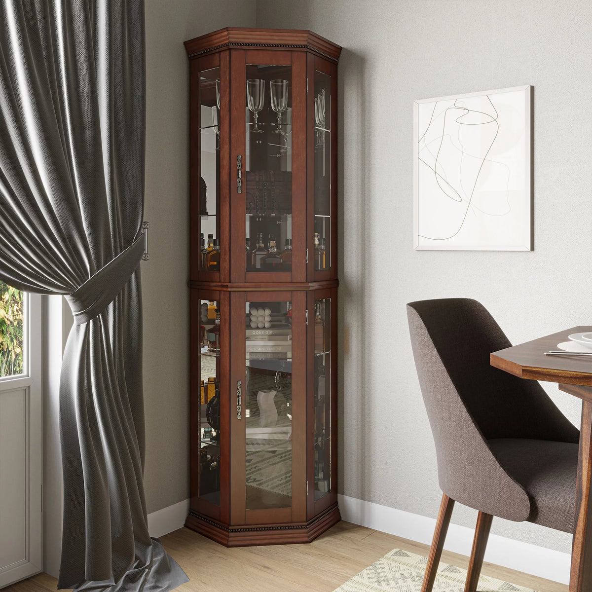 Walnut 5 Sided Lighted Corner Curio Cabinet Q758