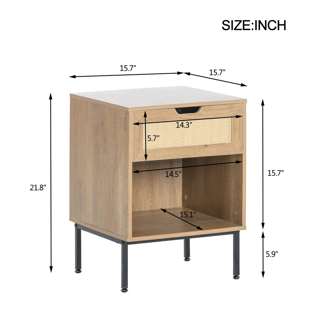 Natural Nightstand with Rattan Door and Open Storage E618117