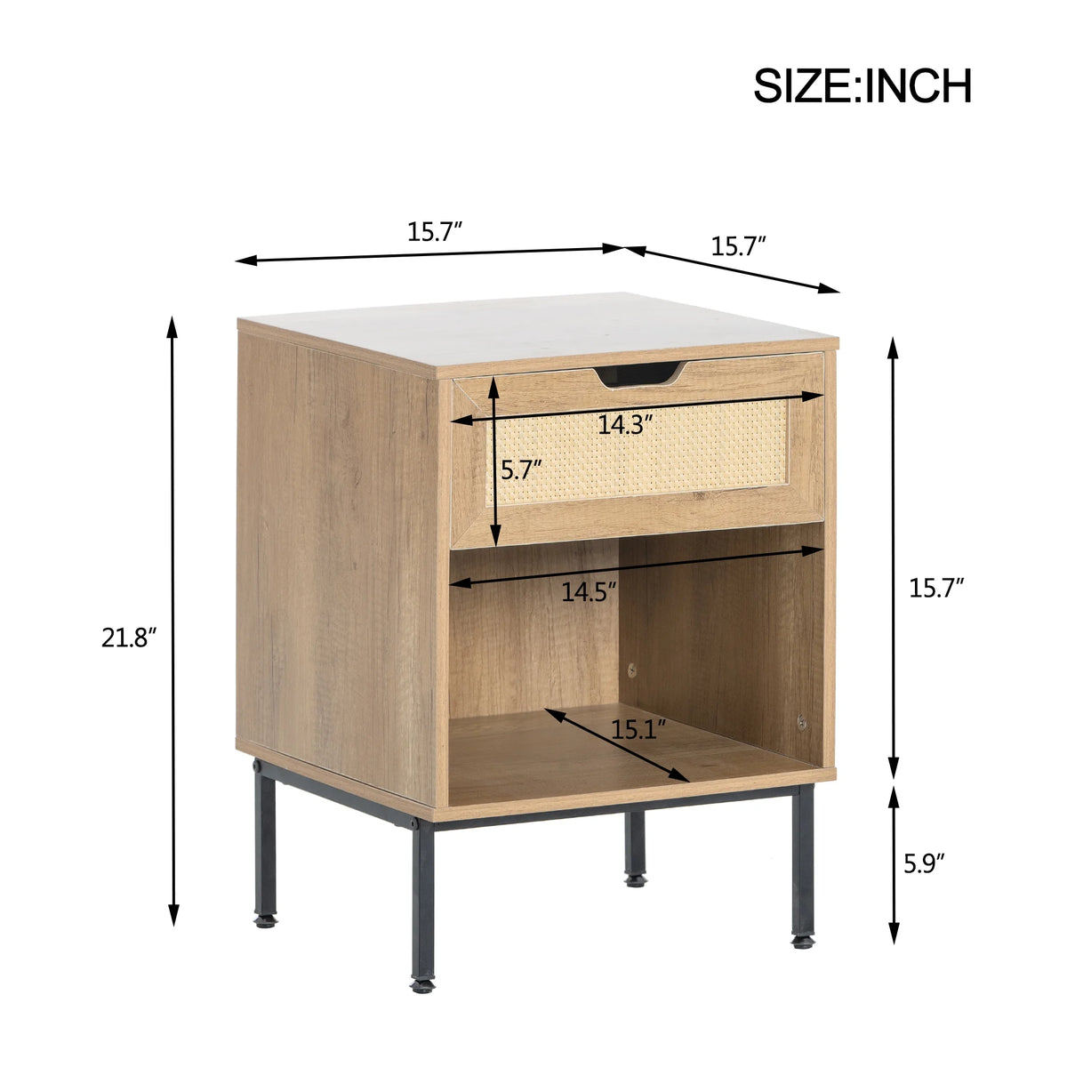 Natural Nightstand with Rattan Door and Open Storage E618117