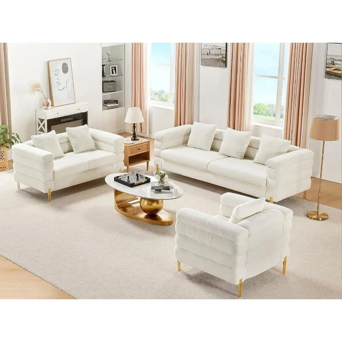 Oversized 85 Inch 3 Seater White Bouclé Sofa K118795