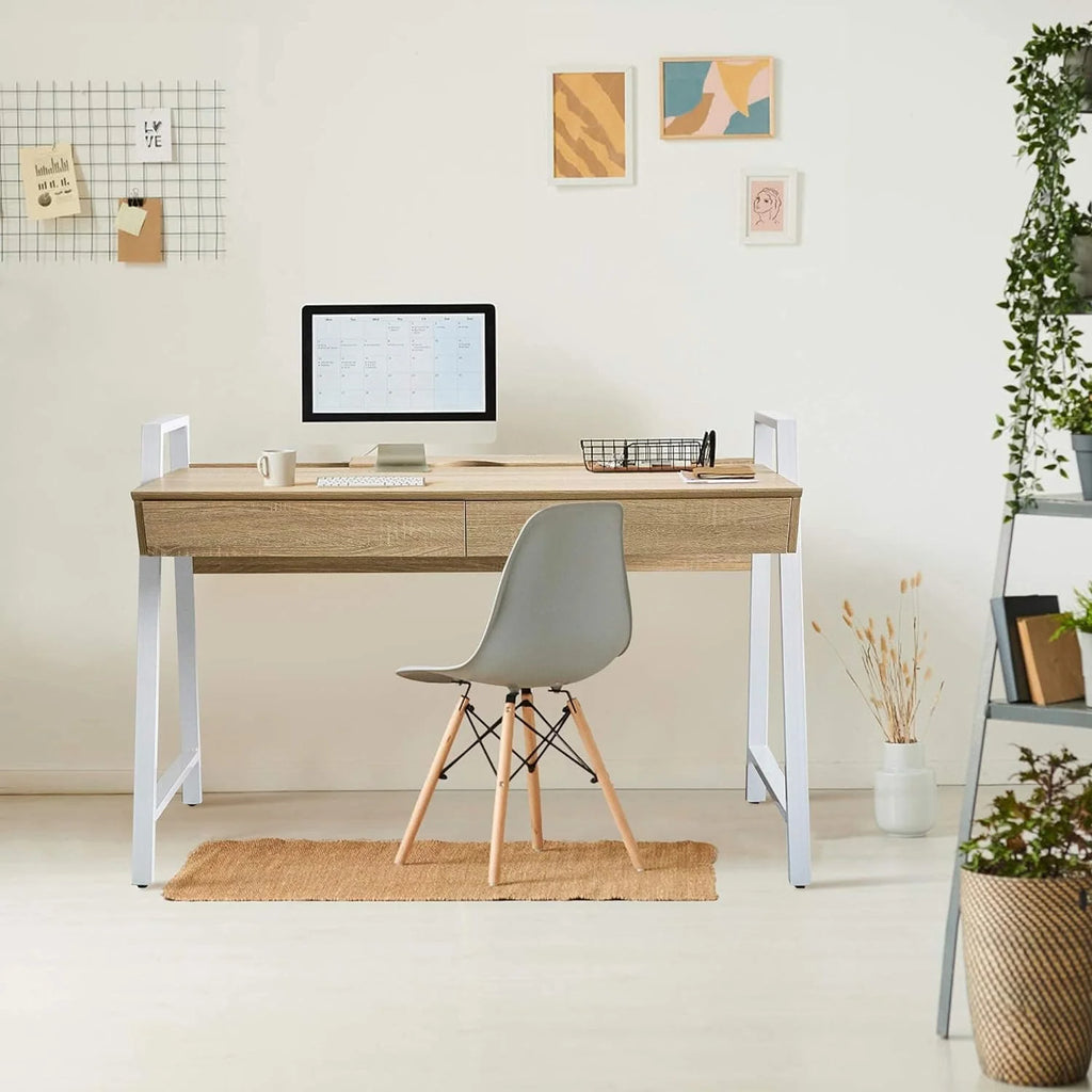 White Wood Computer Desk with Monitor Shelf and Drawers A975530