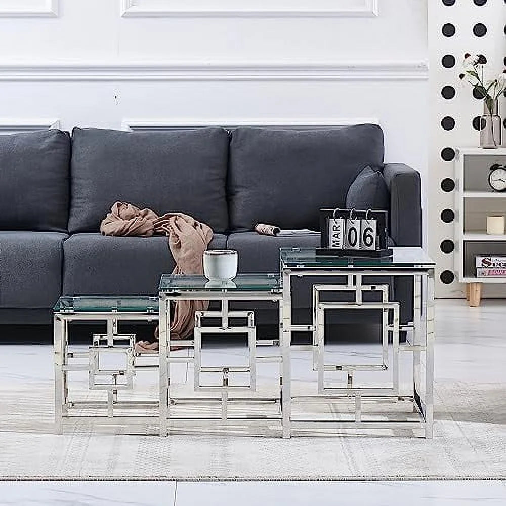 Nesting Table Set of 3 Glass Tempered Glass U8807