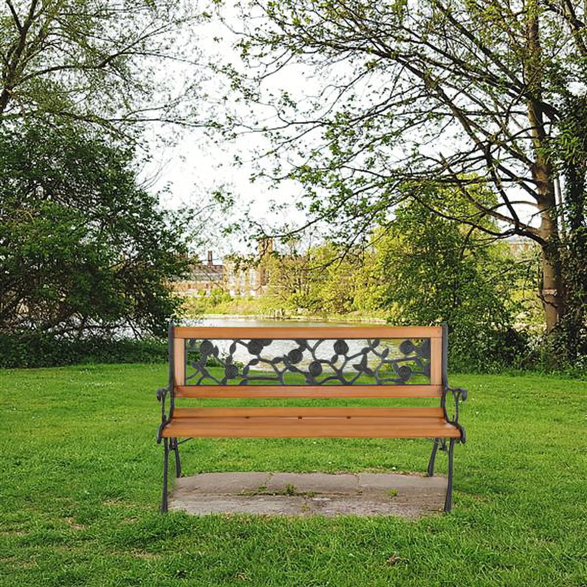 49-Inch Cast Iron Steel Frame Hardwood Garden Bench with Floral Design Backrest N398