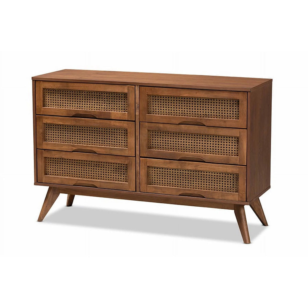 Walnut Brown Wood and Synthetic Rattan 6-Drawer Dresser Q3736