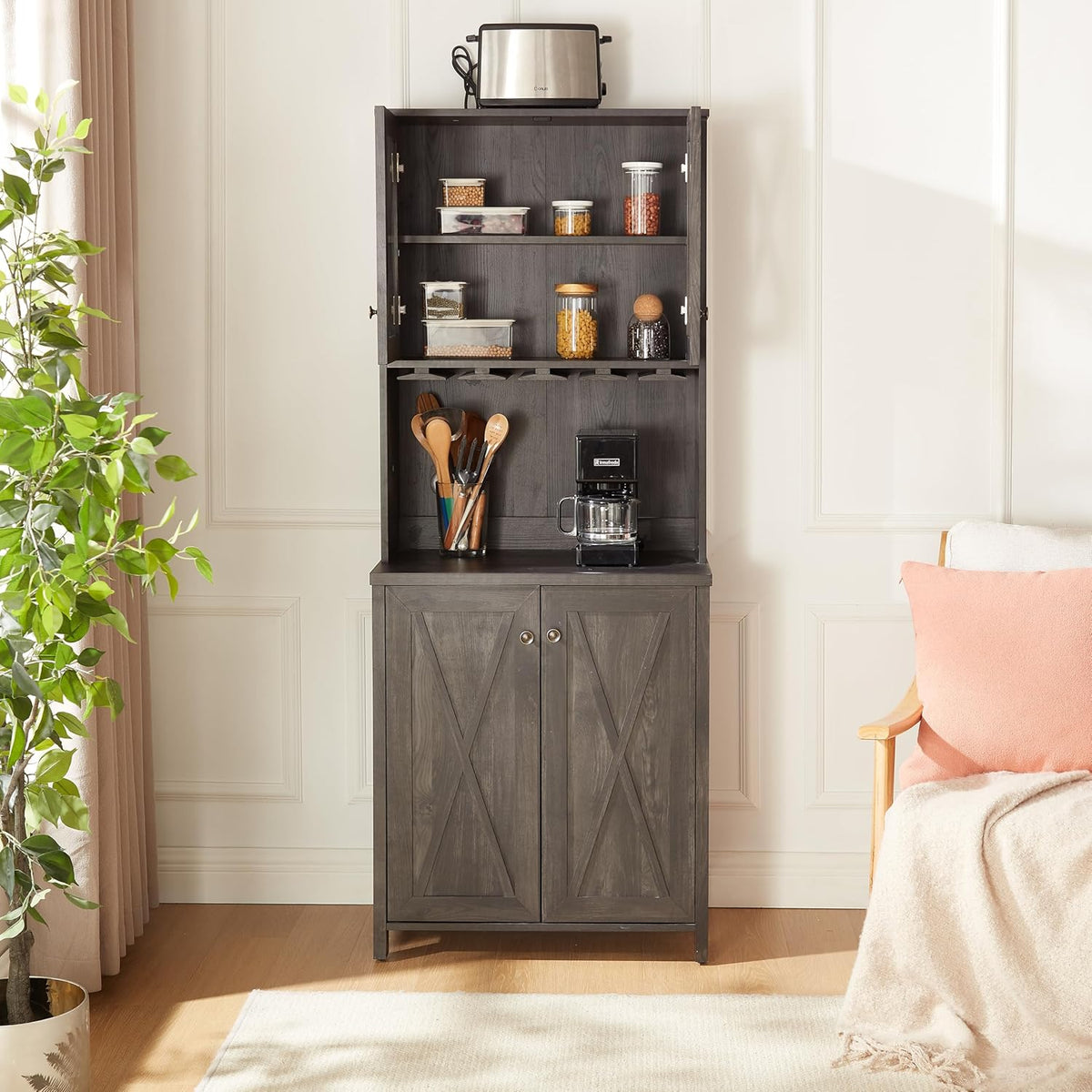 Charcoal Gray Coffee Bar Cabinet with Microwave Stand P872058