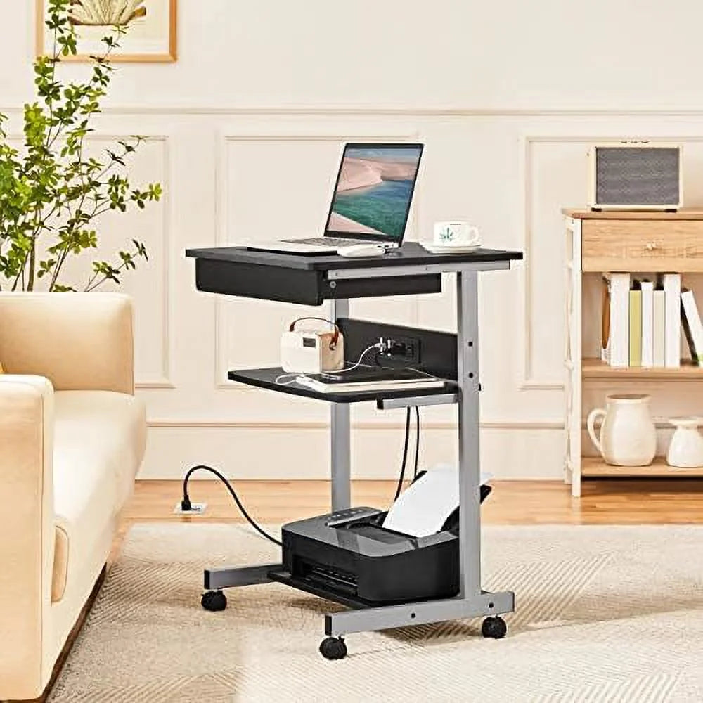 Black Mobile Laptop Desk On Wheels With Power Outlet And USB Ports E707