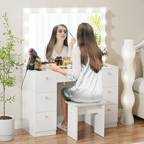 White Vanity with Lighted Mirror, 7 Drawers and Stool O45211