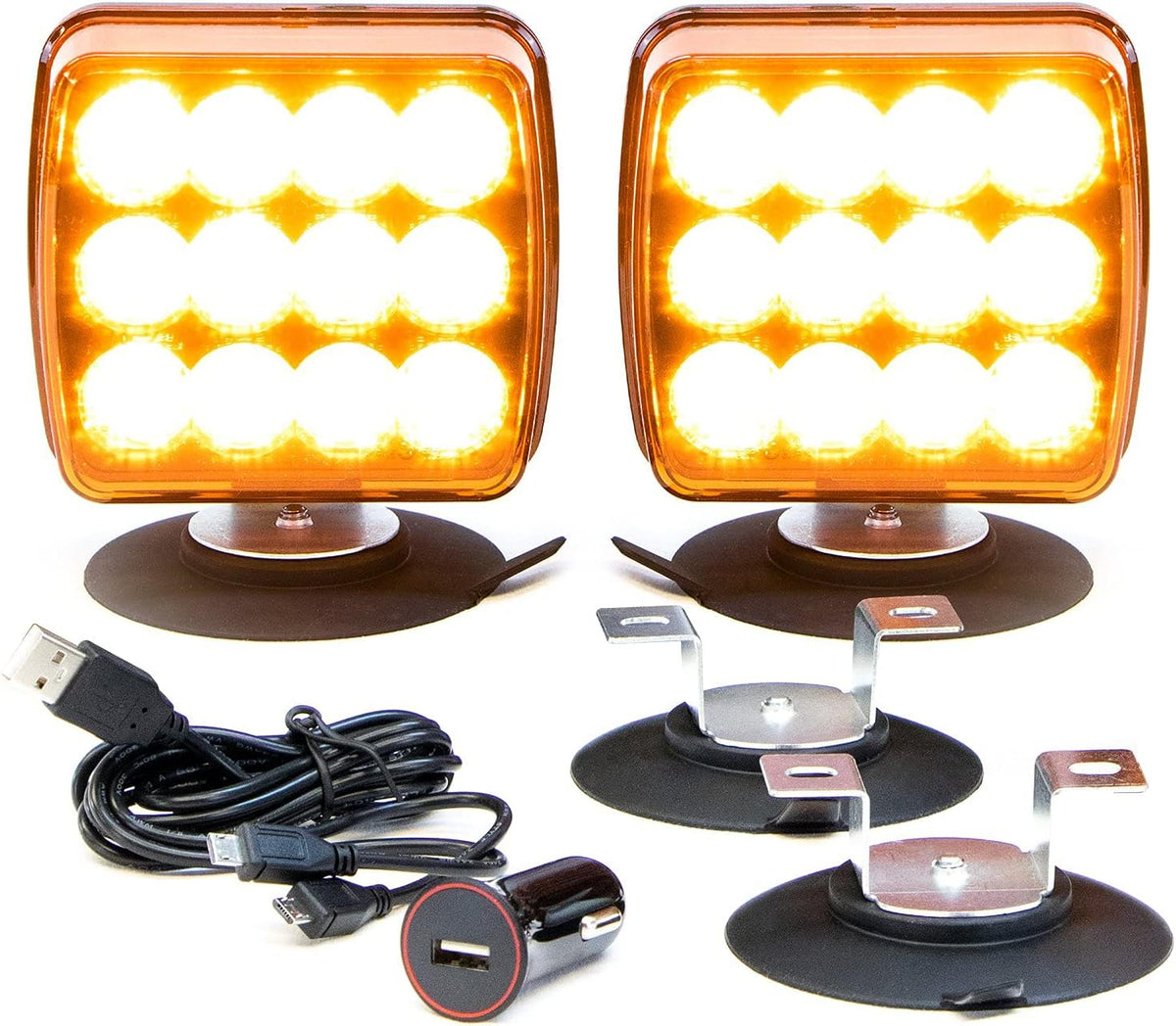 Amber LED Flashing Warning Light Kit with Magnetic Suction Cup Mounts I277067