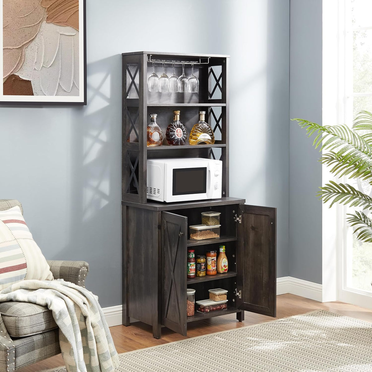 Charcoal Gray Coffee Bar Cabinet with Microwave Stand P872058