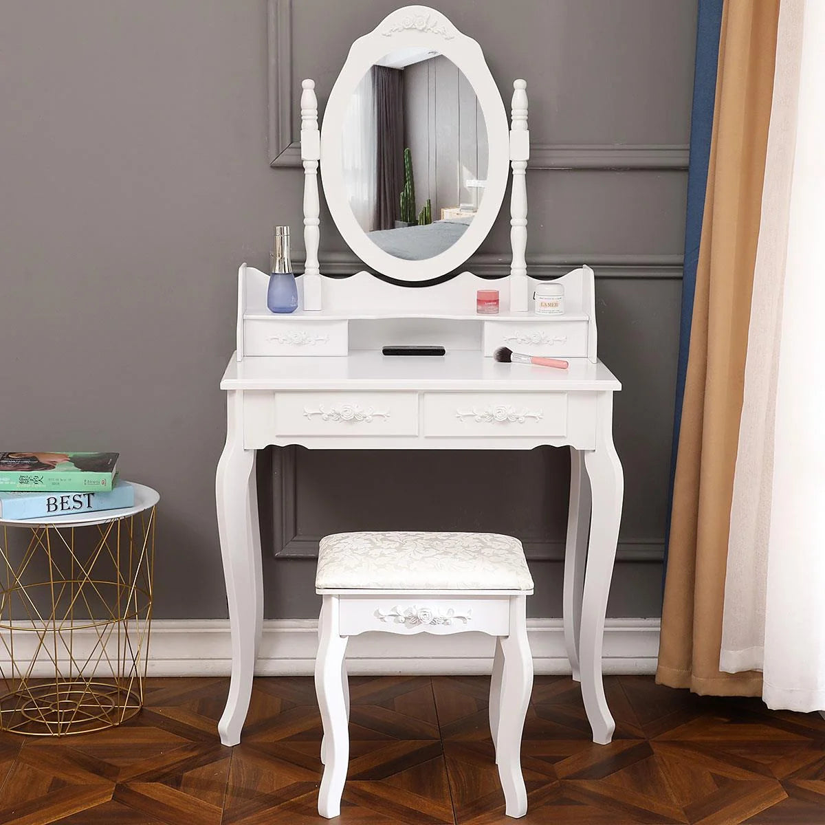 White Vanity Table and Stool Set with 4 Drawers & Mirror I8302