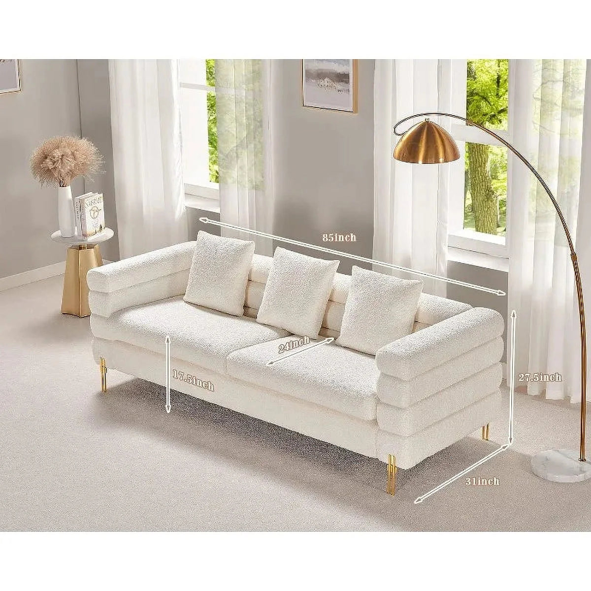 Oversized 85 Inch 3 Seater White Bouclé Sofa K118795