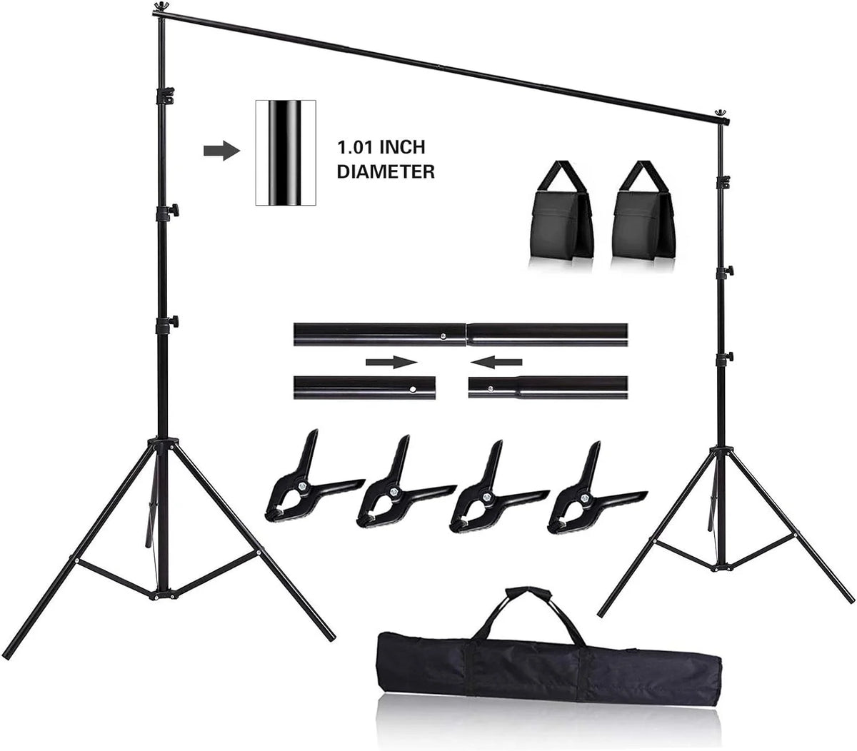 10ft Adjustable Background Support Stand Photography Video Studio Backdrop Kit with 4 Backdrop Clamps and 2 Sandbags Black B8166
