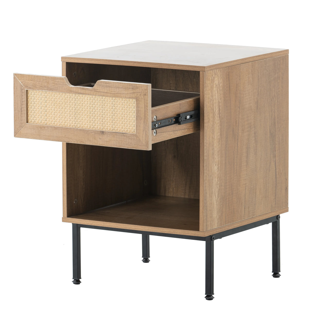 Natural Nightstand with Rattan Door and Open Storage E618117