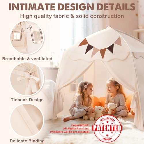 Cream Extra Large Kids Play Tent with Flags & Star Lights, 59x39x59 in C702